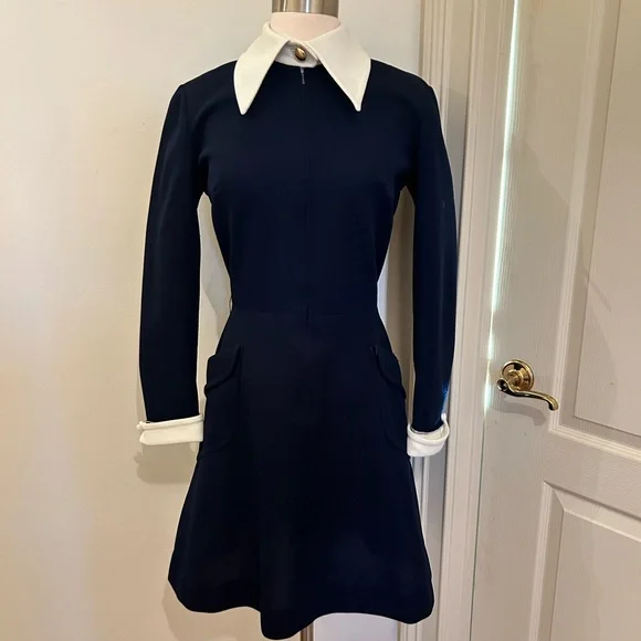 Vintage Butte Knit Navy Blue and White Long Sleeve Knee Length Dress - Picture 1 of 6